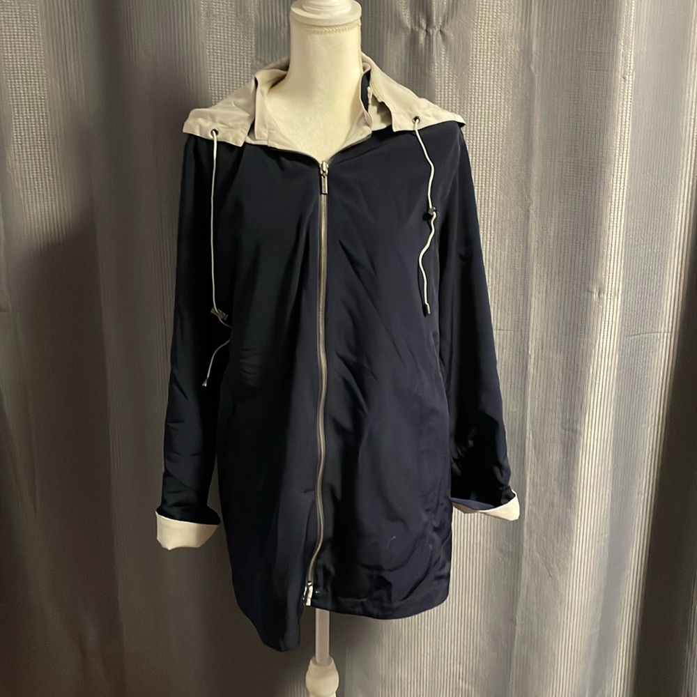 1Madison reversible rain jacket navy and cream colored.